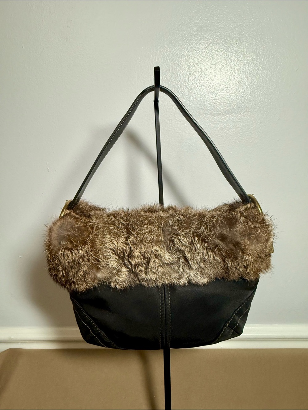 Vintage Y2K Coach 9489 Black Soho Hobo Bag with Genuine Rabbit Fur Trim – Rare
